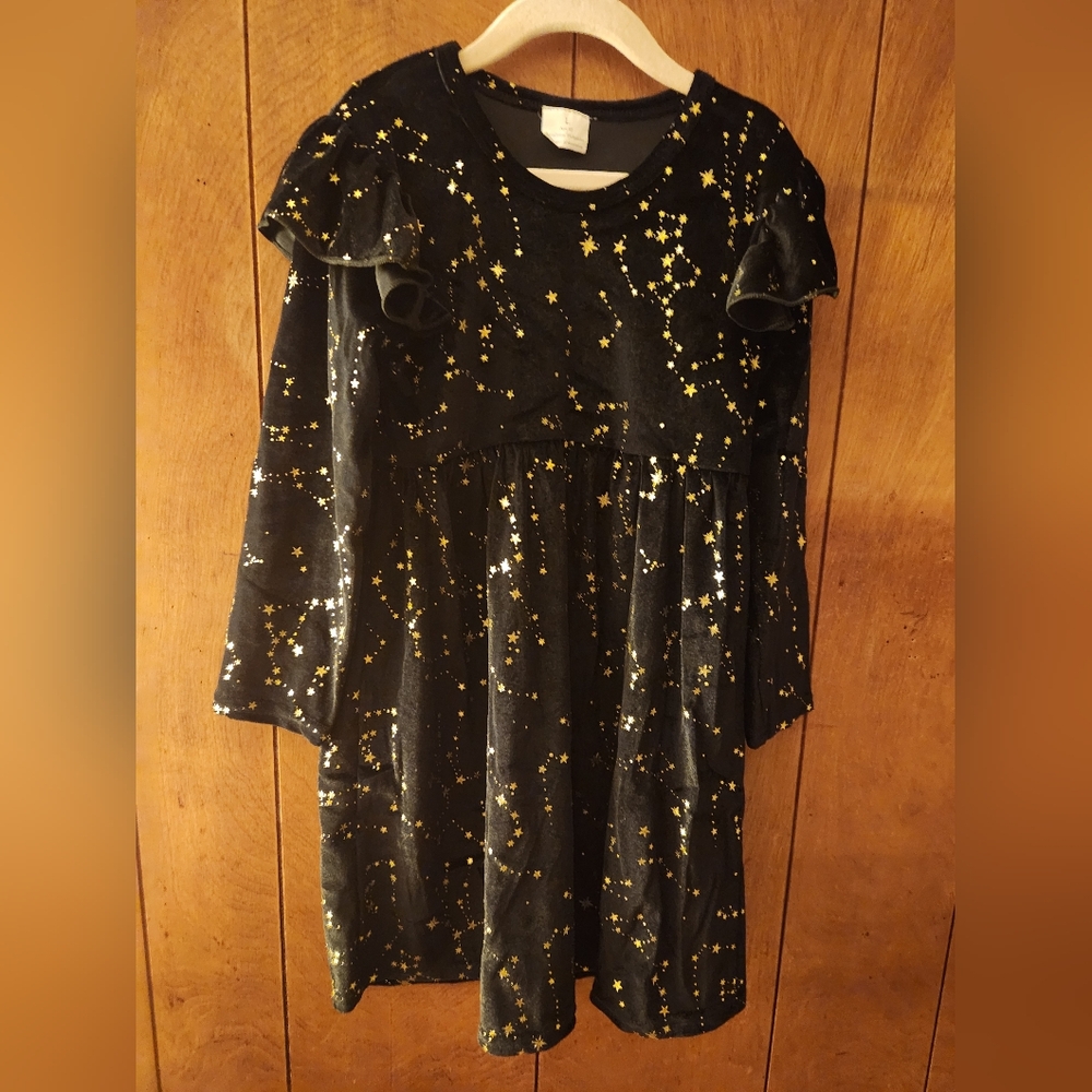 Source Unknown Beautiful Black/ Gold Starry Night Girl's Velvet Dress, S4T, NWOT